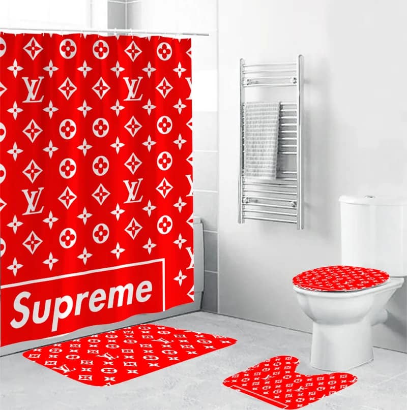 Louis Vuitton Supreme Red Logo Luxury Brand Bathroom Sets