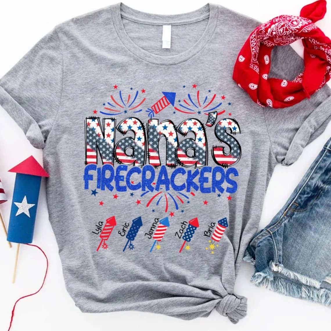 Inktee Store - Personalized Grandma T Shirt, Custom Grandma Shirt With Kids Names Shirt, Patriotic 4Th Of July Firecrackers Tee Shirt For Independence Day Image