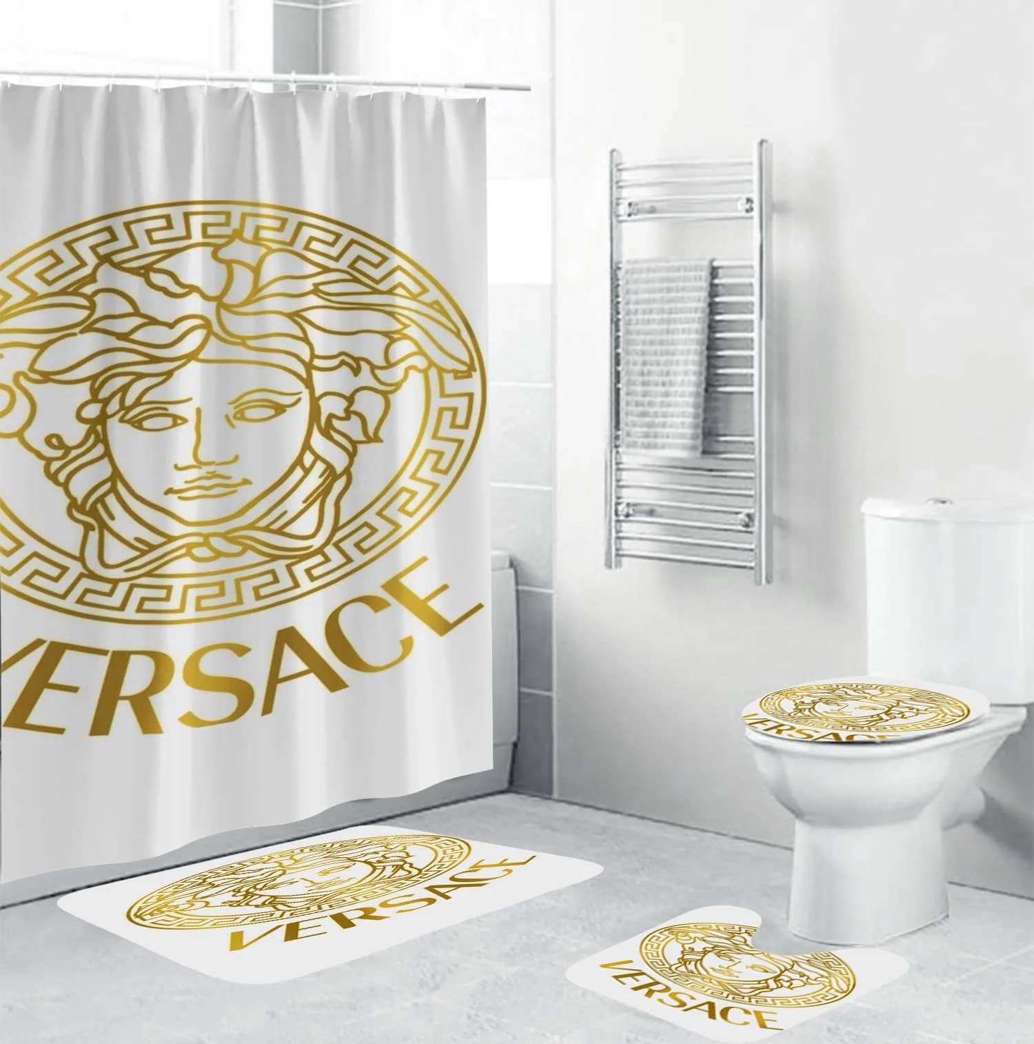 Versace Fancy Big Golden Logo In White Bathroom Sets
