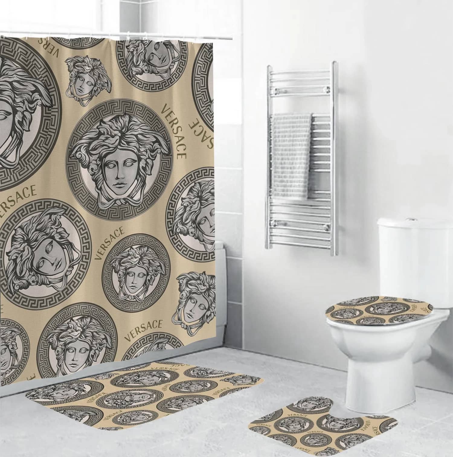 Versace Silver Logo Pattern In Sand Background Bathroom Sets