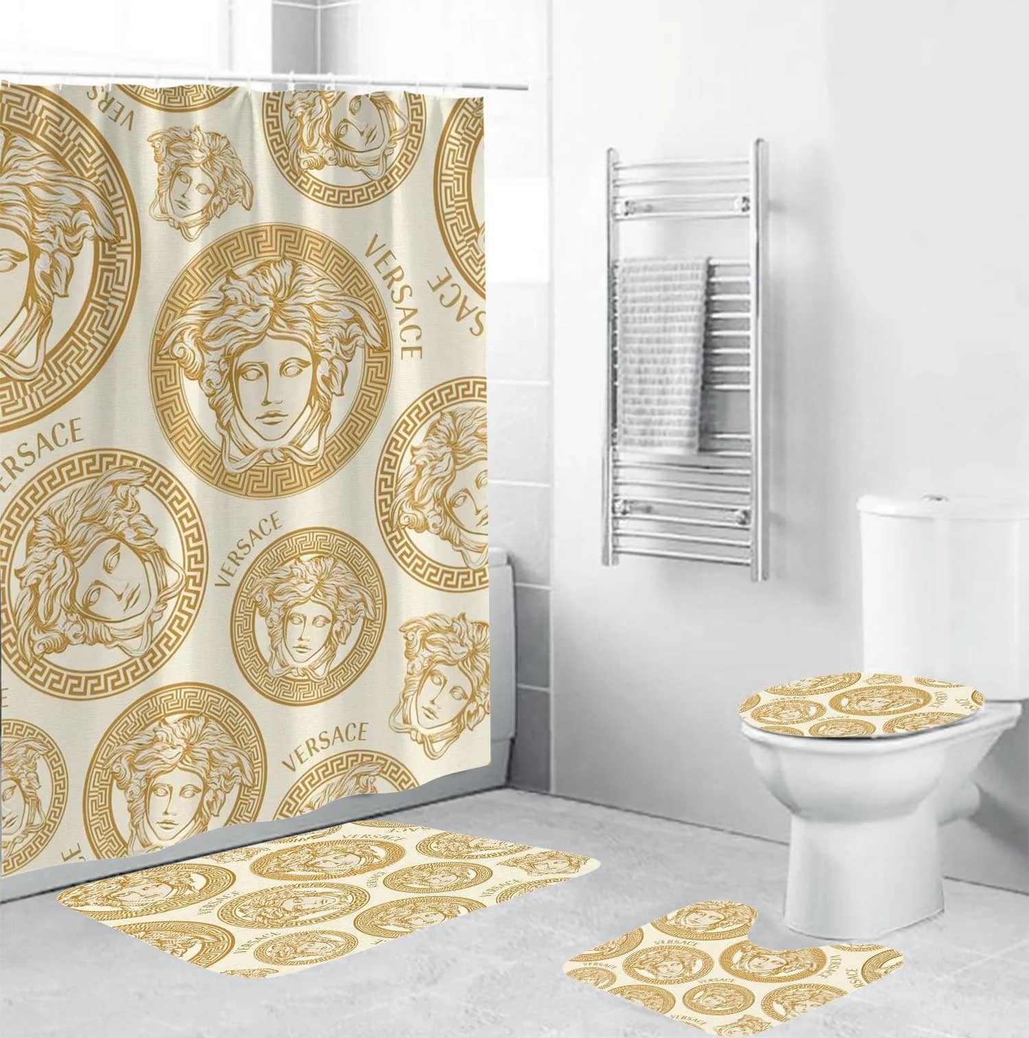 Versace Yellow Logo Pattern In Beige Background Bathroom Sets