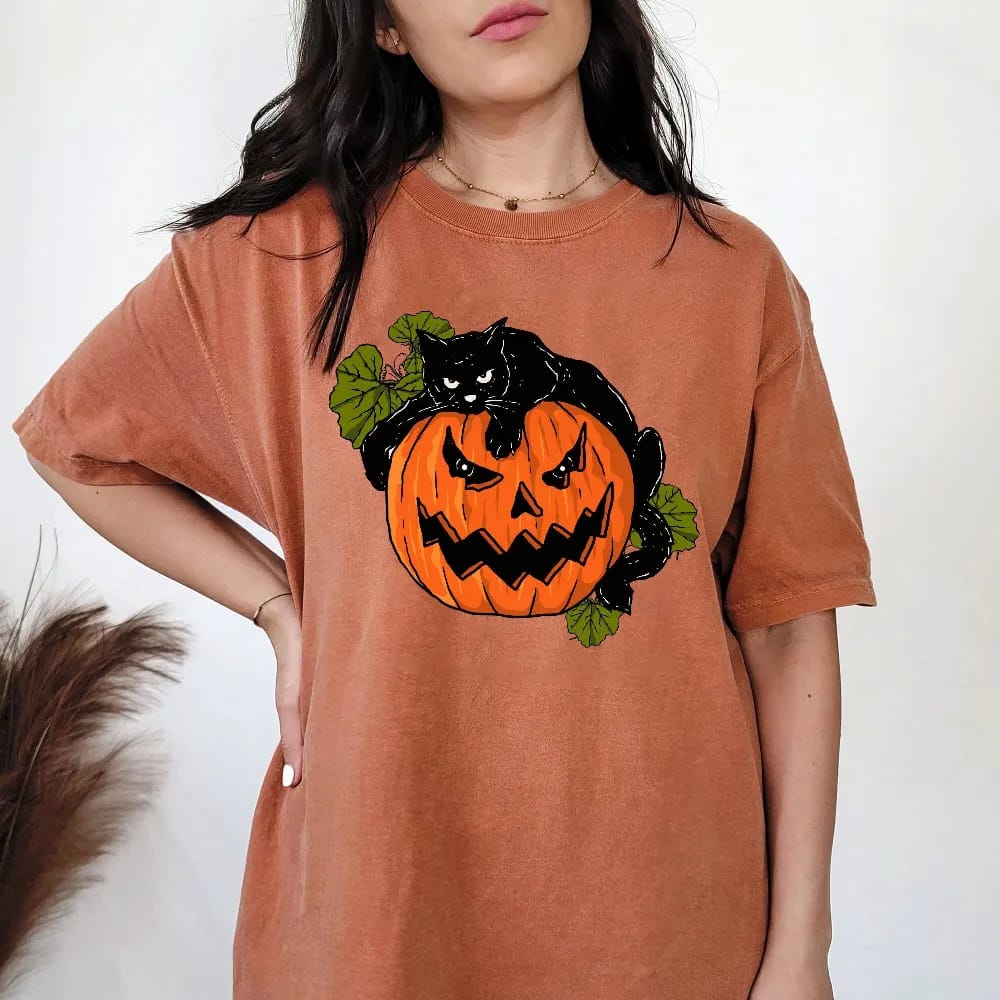 Inktee Store - Comfort Colors Black Cat On Pumpkin Shirt - Shirt For Fall - Black Cat T-Shirt - Halloween Black Cat Design - Fall Shirt - Iprintasty Halloween Image
