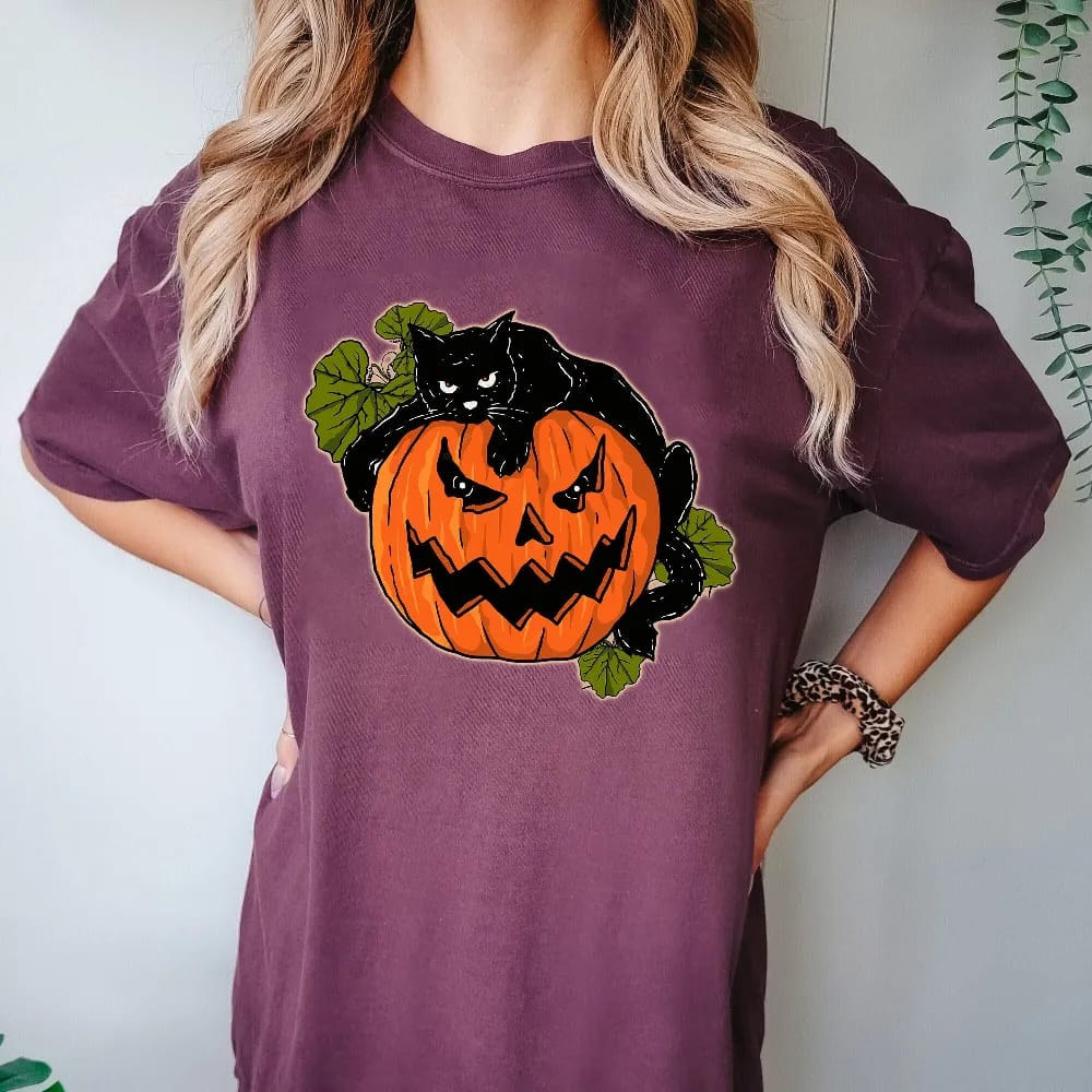 Inktee Store - Comfort Colors Black Cat On Pumpkin Shirt - Shirt For Fall - Black Cat T-Shirt - Halloween Black Cat Design - Fall Shirt - Iprintasty Halloween Image