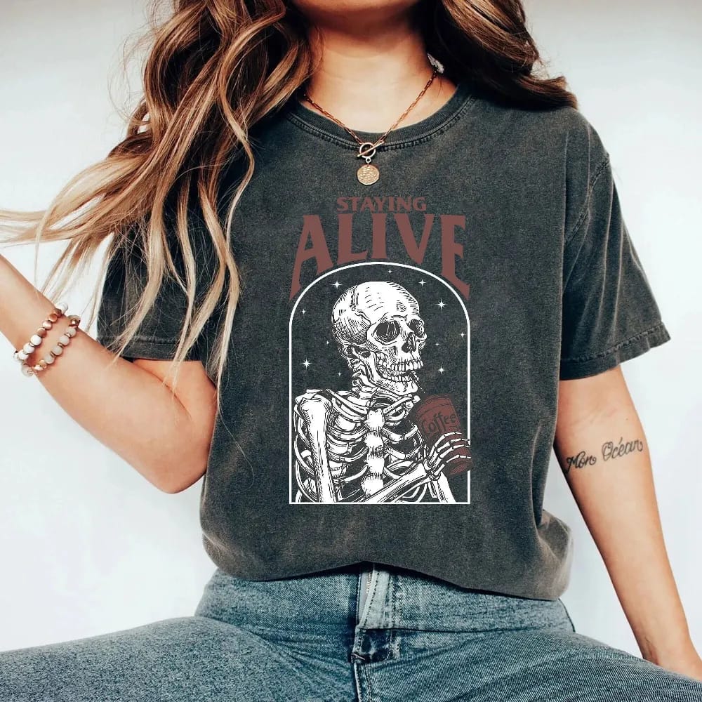 Inktee Store - Comfort Colors Staying Alive Shirt - Trendy Coffee Shirt - Funny Skeleton Shirt - Coffee Lovers Gift - Skull Vintage Comfort Color Shirt For Women Image