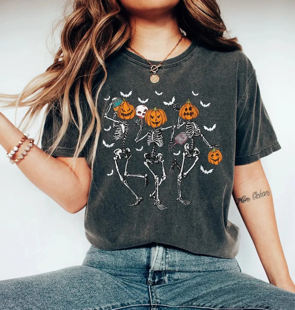 Inktee Store - Comfort Colors Vintage Dancing Skeleton Halloween Shirt - Retro Halloween Pumpkin Shirt - Fall Shirt - Spooky Season - Halloween Sweatshirt 2023 Image