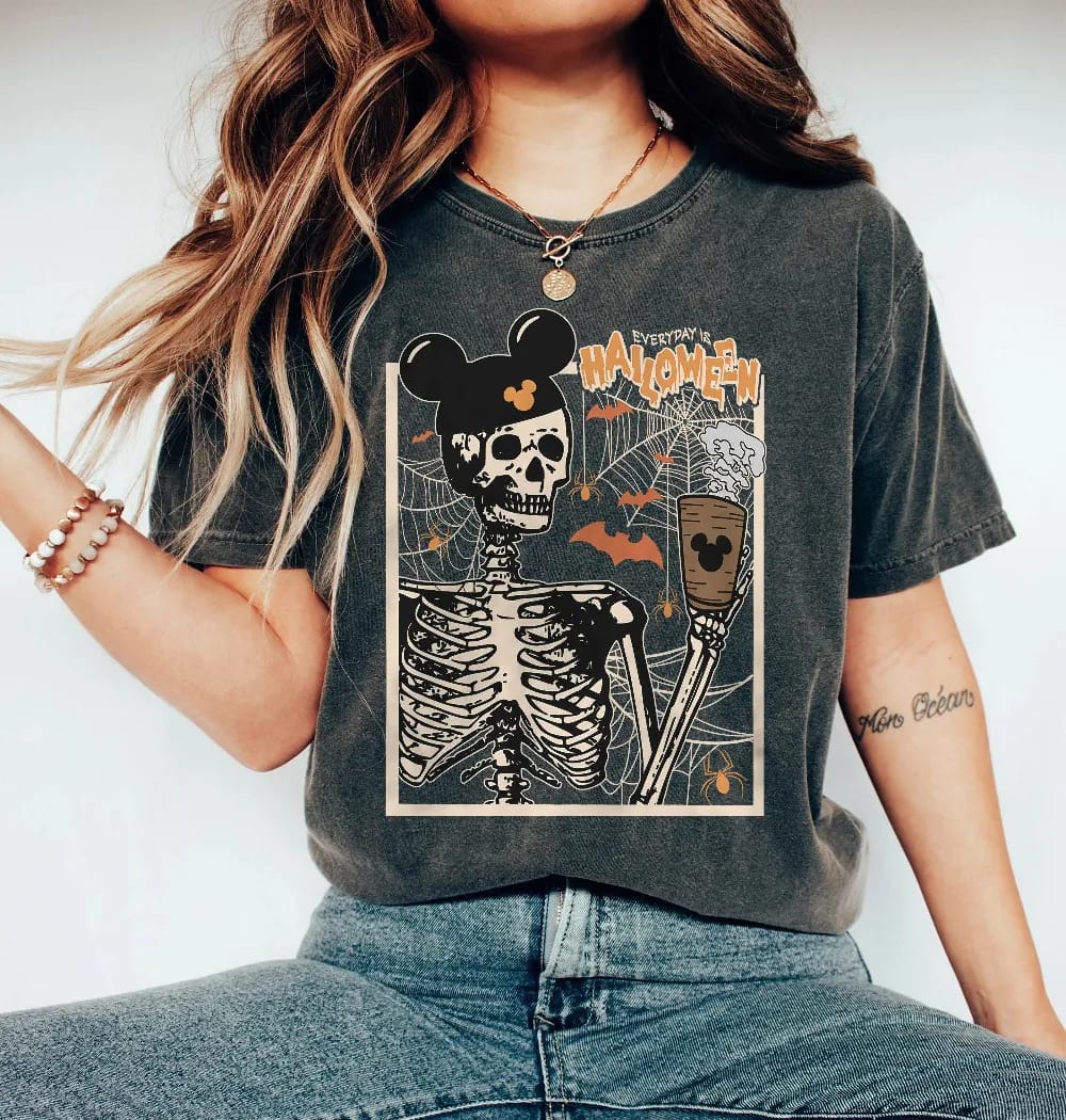 Inktee Store - Comfort Colors Vintage Skeleton Drink Coffee Shirt - Retro Skeleton Shirt - Disney Mickey Ear Skull Shirt - Halloween Shirt - Fall Sweatshirt Image