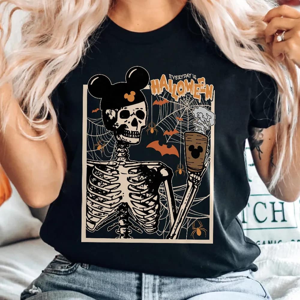 Inktee Store - Comfort Colors Vintage Skeleton Drink Coffee Shirt - Retro Skeleton Shirt - Disney Mickey Ear Skull Shirt - Halloween Shirt - Fall Sweatshirt Image