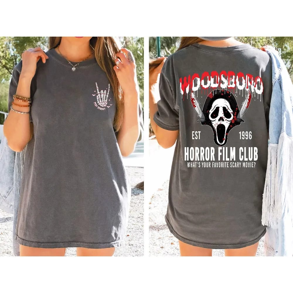Inktee Store - Comfort Colors Woodsboro Horror Film Club 2 Sided Shirt - Horror Film Club Shirt - Woodsboro Scream - Scream Ghost Shirt - Stay Spooky Shirt Image