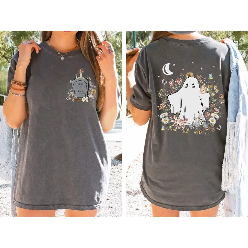 Inktee Store - Custom Ghost Comfort Colors Unisex T-Shirt - Mystical Cute Ghost Front And Back Shirt - Witchy Stuff - Spooky Wildflower Shirt - Halloween Shirt Image