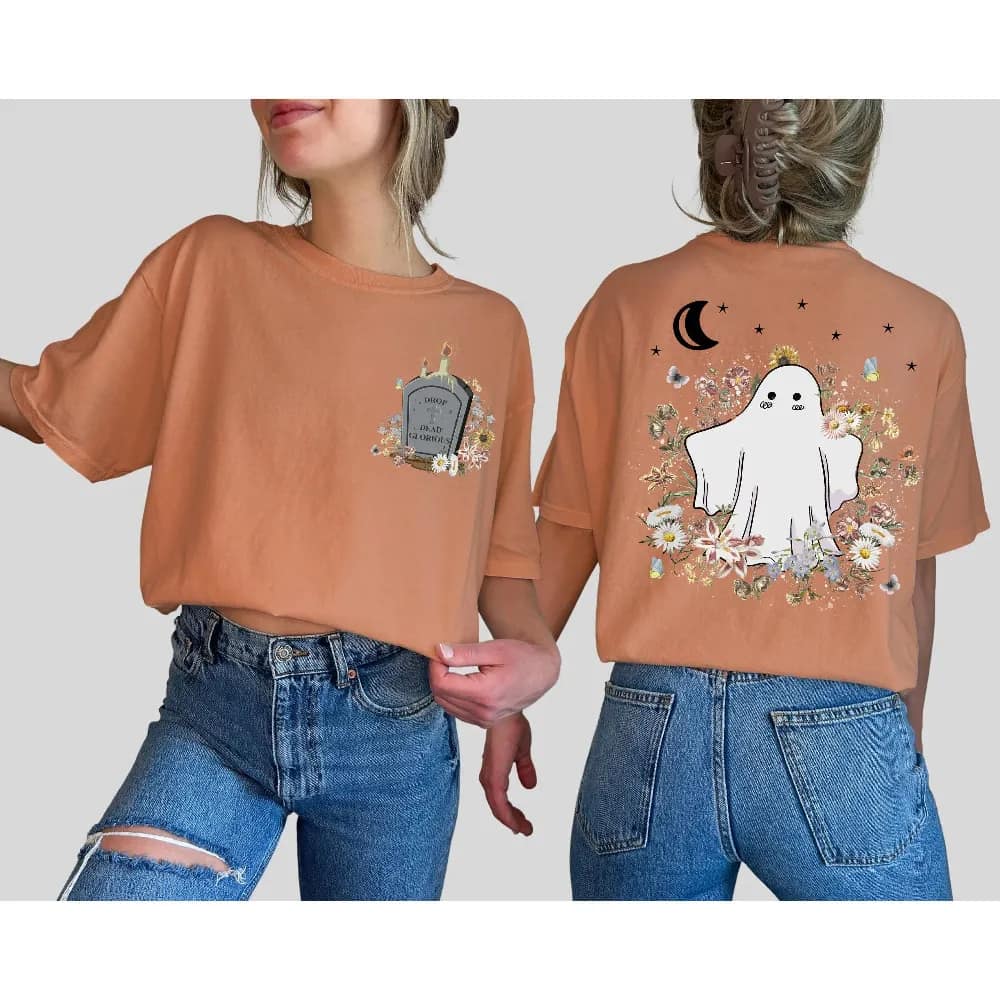 Inktee Store - Custom Ghost Comfort Colors Unisex T-Shirt - Mystical Cute Ghost Front And Back Shirt - Witchy Stuff - Spooky Wildflower Shirt - Halloween Shirt Image