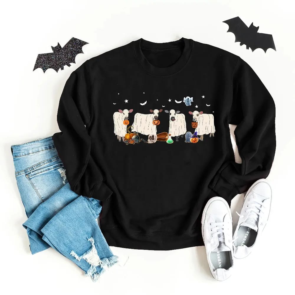 Inktee Store - Halloween Sweatshirt - Ghost Cows Sweatshirt - Halloween Crewneck - Ghost Shirt - Cow Lover Gift - Funny Halloween - Fall Shirt - Halloween Sweater Image