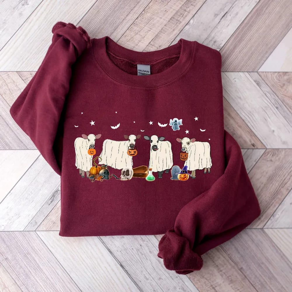 Inktee Store - Halloween Sweatshirt - Ghost Cows Sweatshirt - Halloween Crewneck - Ghost Shirt - Cow Lover Gift - Funny Halloween - Fall Shirt - Halloween Sweater Image