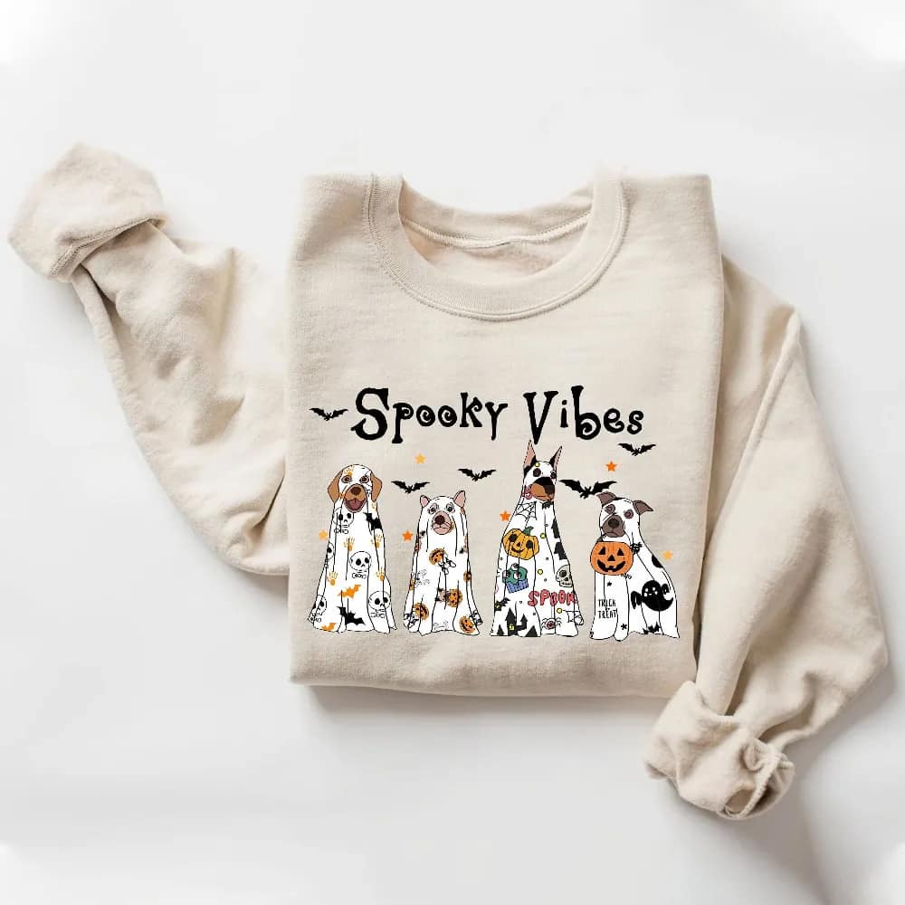 Inktee Store - Halloween Sweatshirt - Halloween Sweater - Ghost Sweatshirt - Halloween Dog Sweatshirt - Ghost Dog Shirt - 2023 Happy Halloween - Retro Spooky Season Image