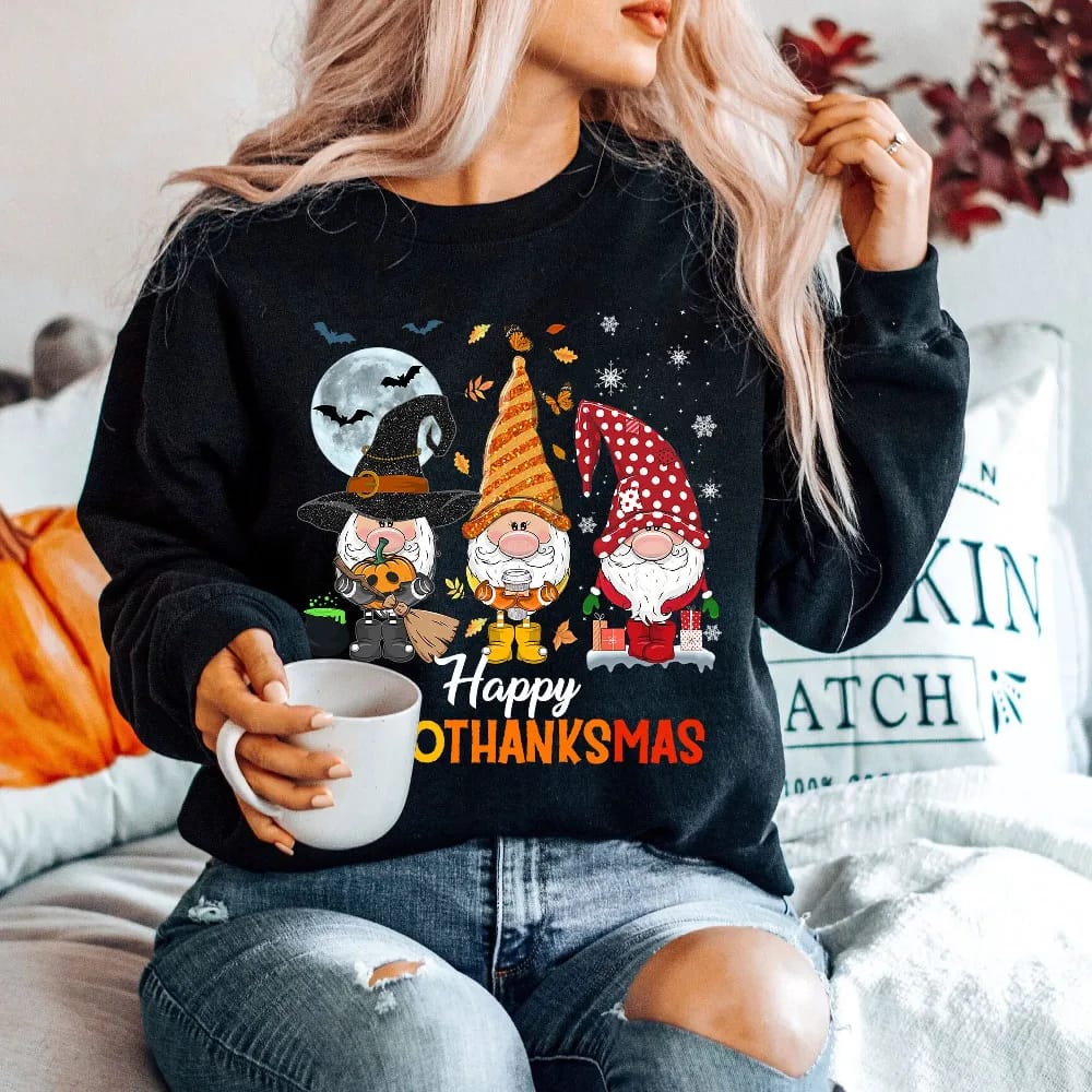 Inktee Store - Happy Hallowthanksmas Gnomes Sweatshirt - Thanksgiving Sweat - Hallothanksmas Gnomes Shirt - Happy Hallothanksmas - Hallothanksmas Sweatshirt Image