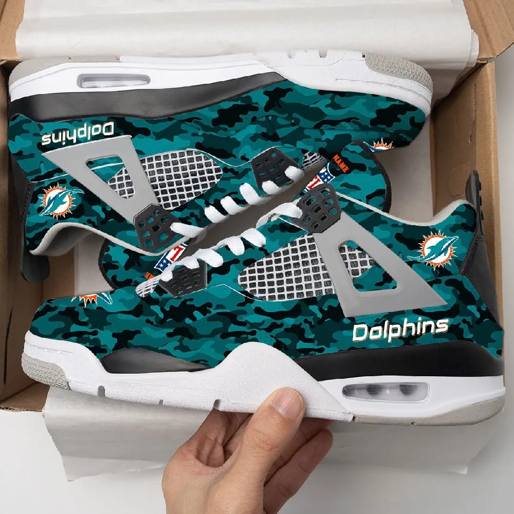 Inktee Store - Miami Dolphins Camo Personalized Air Jordan 4 Sneaker Image