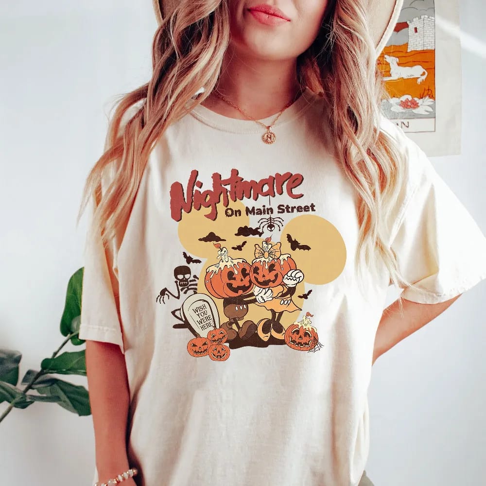Inktee Store - Mickey Minnie Halloween Shirt - Vintage Disney Halloween Pumpkin Comfort Colors - Nightmare On The Main Street Shirt - Halloween Pumpkin Shirt Image