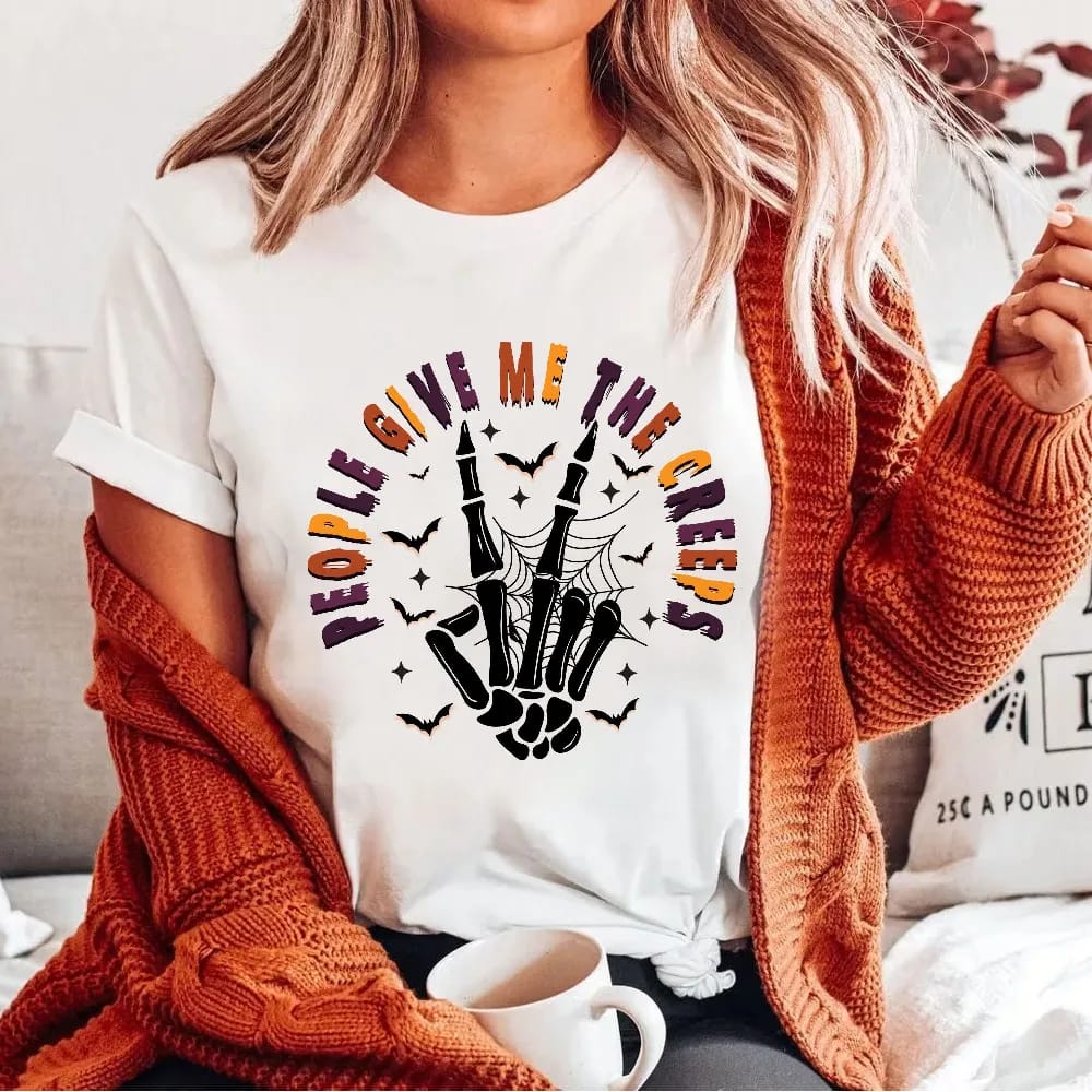 Inktee Store - People Give Me The Creeps T-Shirt - Horror Shirt - Horror Gift For Men - Halloween Shirt - Skeleton Hand Tee - Witch Vibes Shirt - Spooky Season Image