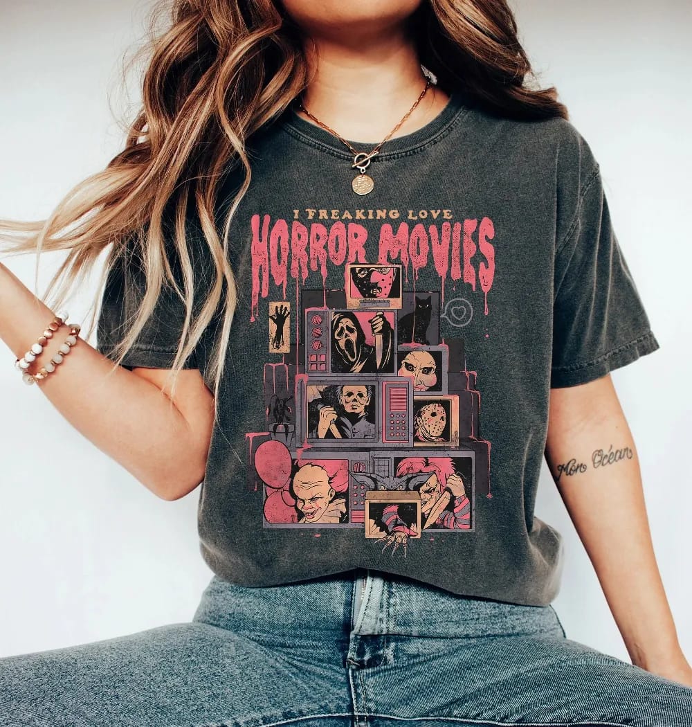 Inktee Store - Retro Horror Movies Comfort Colors Shirt - Halloween Shirt - Vintage 90S Halloween Movies - Halloween Sweatshirt - Family Holiday Spooky Shirt Image