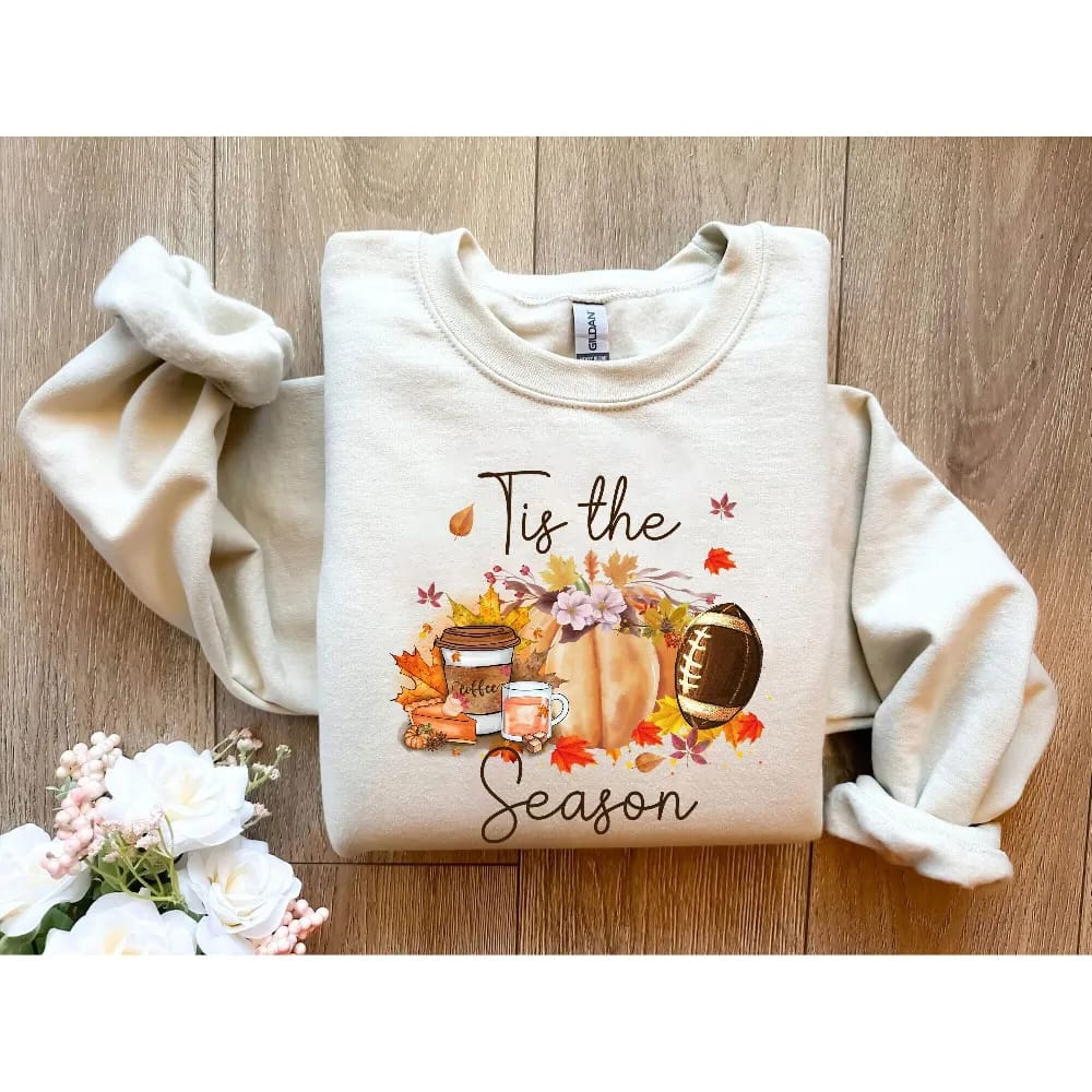Inktee Store - Tis The Season Sweatshirt - Fall Football Hoodie - Pumpkin Patch Shirt - Autumn Shirt - Womens Halloween Shirt - Fall Graphic Tee - Fall Coffee Image
