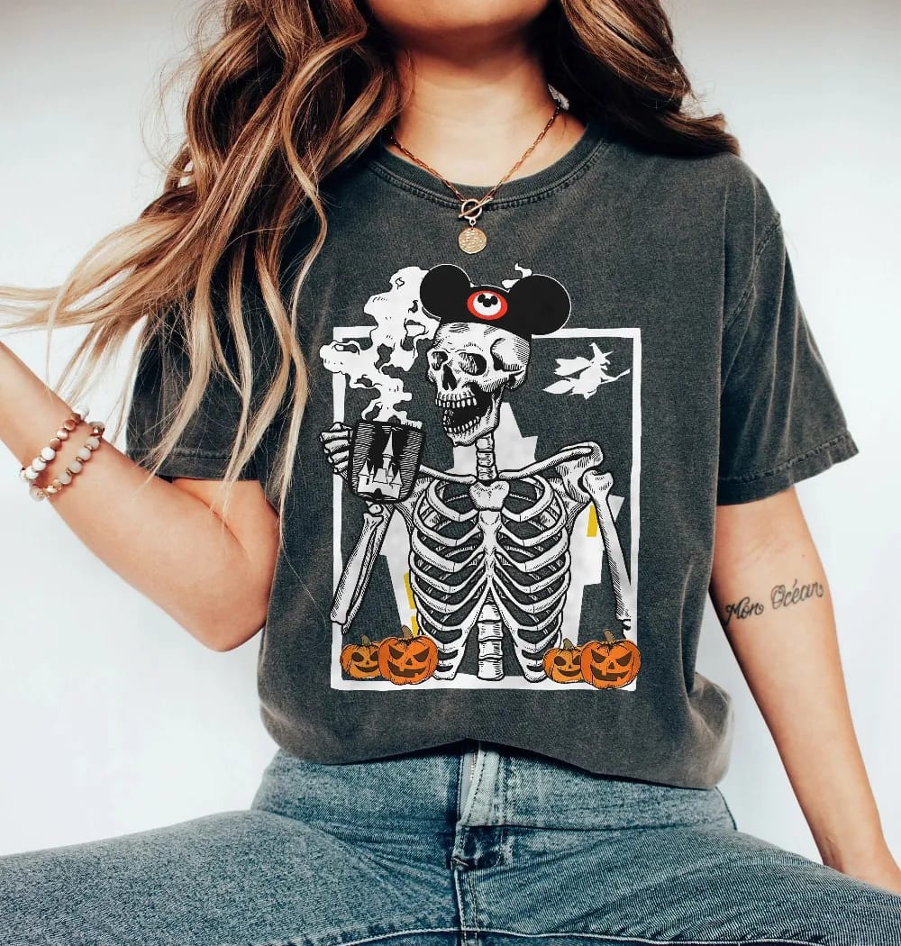 Inktee Store - Vintage Skeleton Drink Coffee Comfort Colors Shirt - Funny Skeleton T-Shirt - Disney Mickey Ears Skull Shirt - Halloween Shirt 2023 - Fall Shirt Image