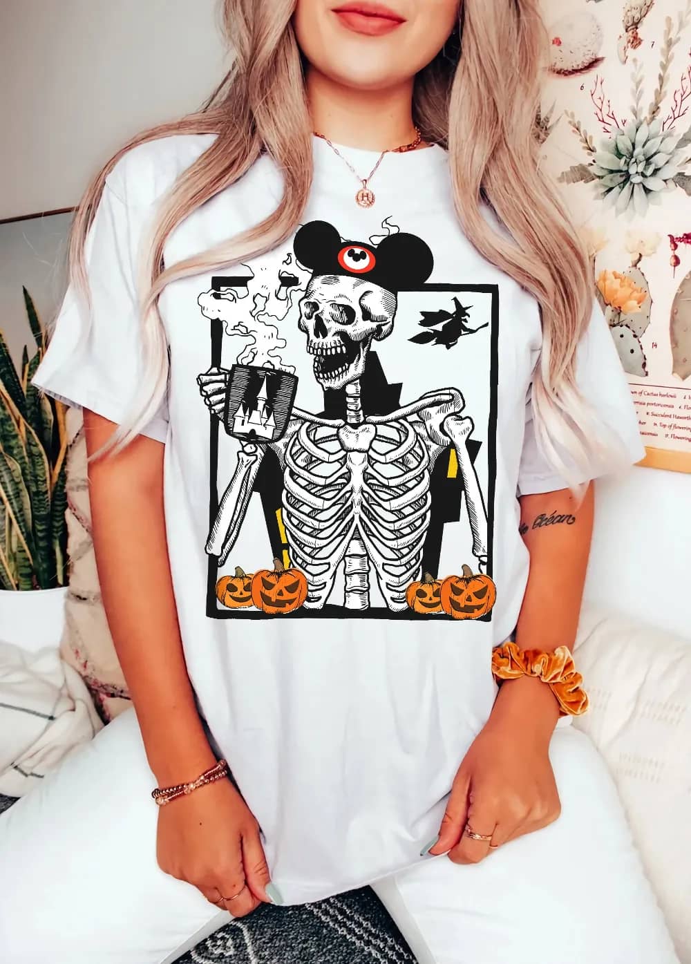 Inktee Store - Vintage Skeleton Drink Coffee Comfort Colors Shirt - Funny Skeleton T-Shirt - Disney Mickey Ears Skull Shirt - Halloween Shirt 2023 - Fall Shirt Image