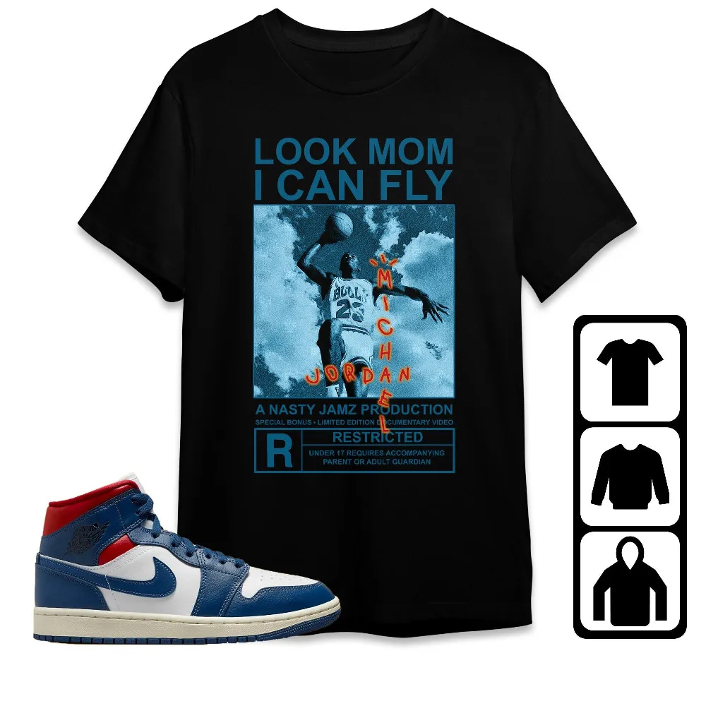 Inktee Store - Jordan 1 Mid French Blue 2023 Unisex T-Shirt - Mj Can Fly - Sneaker Match Tees Image