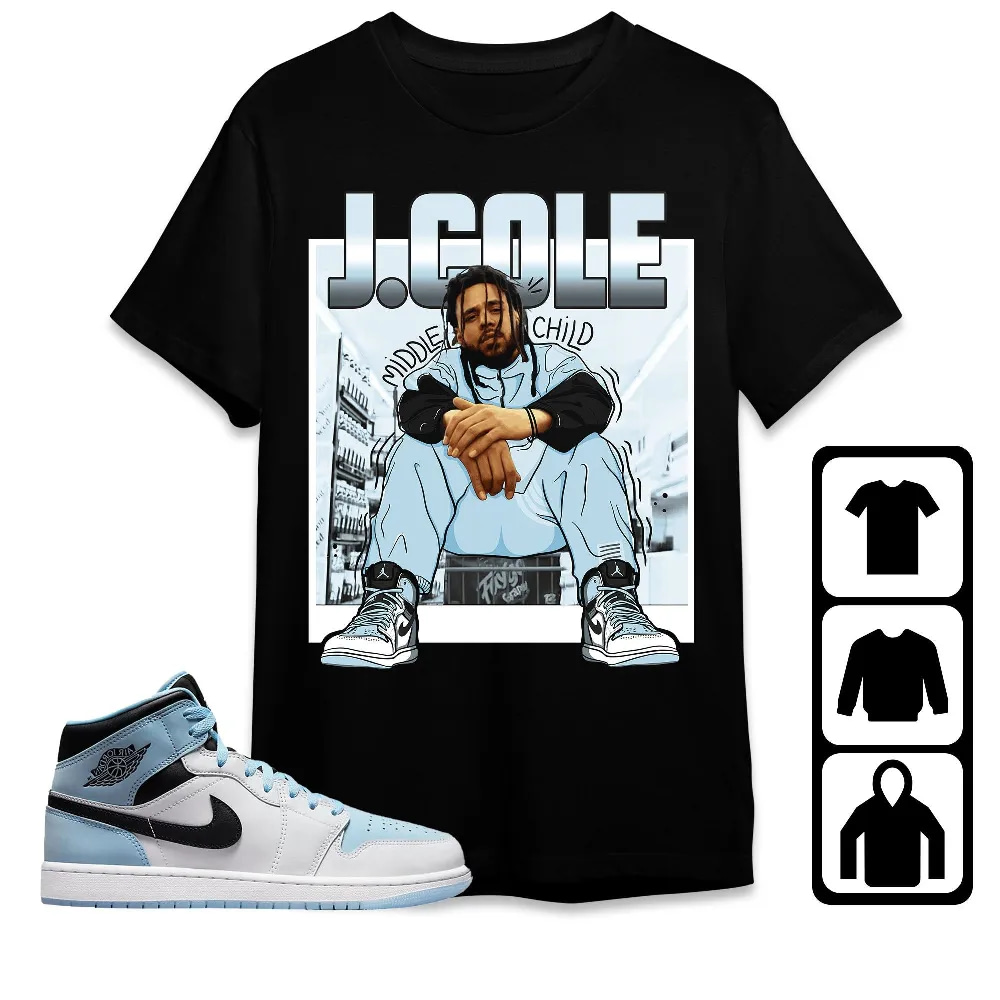 Inktee Store - Jordan 1 Mid Ice Blue Unisex T-Shirt - Jaycole Middle Child - Sneaker Match Tees Image