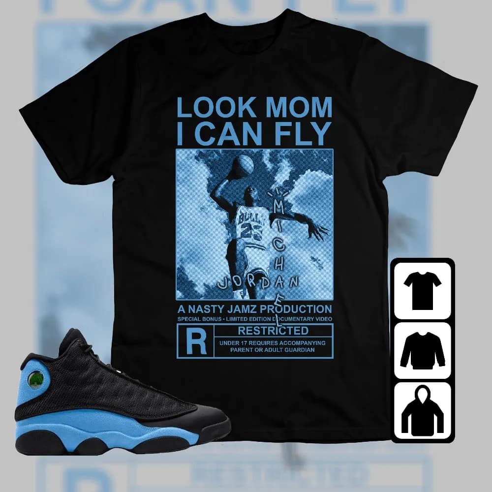 Inktee Store - Jordan 13 Black University Blue Unisex T-Shirt - Mj Can Fly - Sneaker Match Tees Image