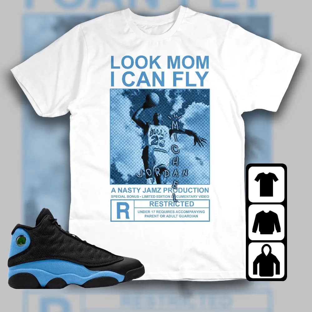 Inktee Store - Jordan 13 Black University Blue Unisex T-Shirt - Mj Can Fly - Sneaker Match Tees Image