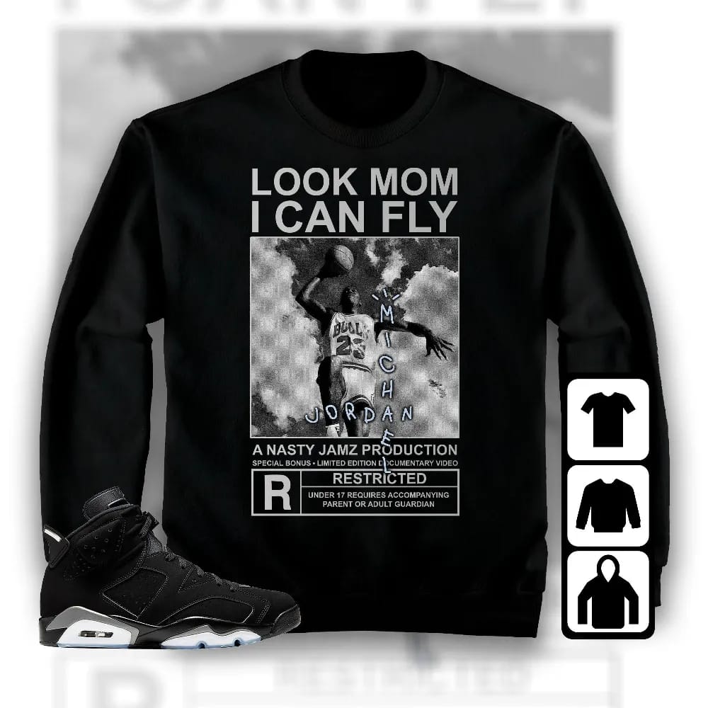 Inktee Store - Jordan 6 Black Chrome Metallic Silver Unisex T-Shirt - Mj Can Fly - Sneaker Match Tees Image