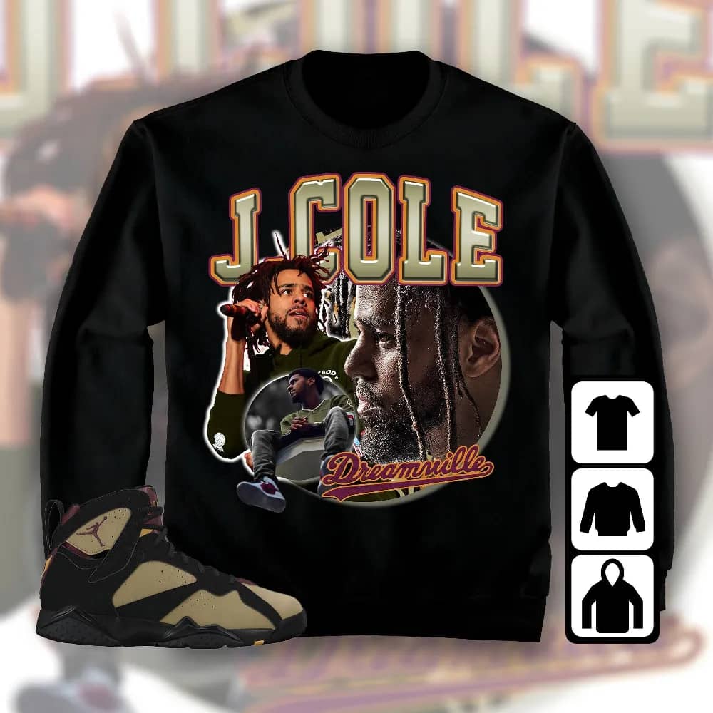 Inktee Store - Jordan 7 Black Olive Cherrywood Unisex T-Shirt - Cole Rapper - Sneaker Match Tees Image