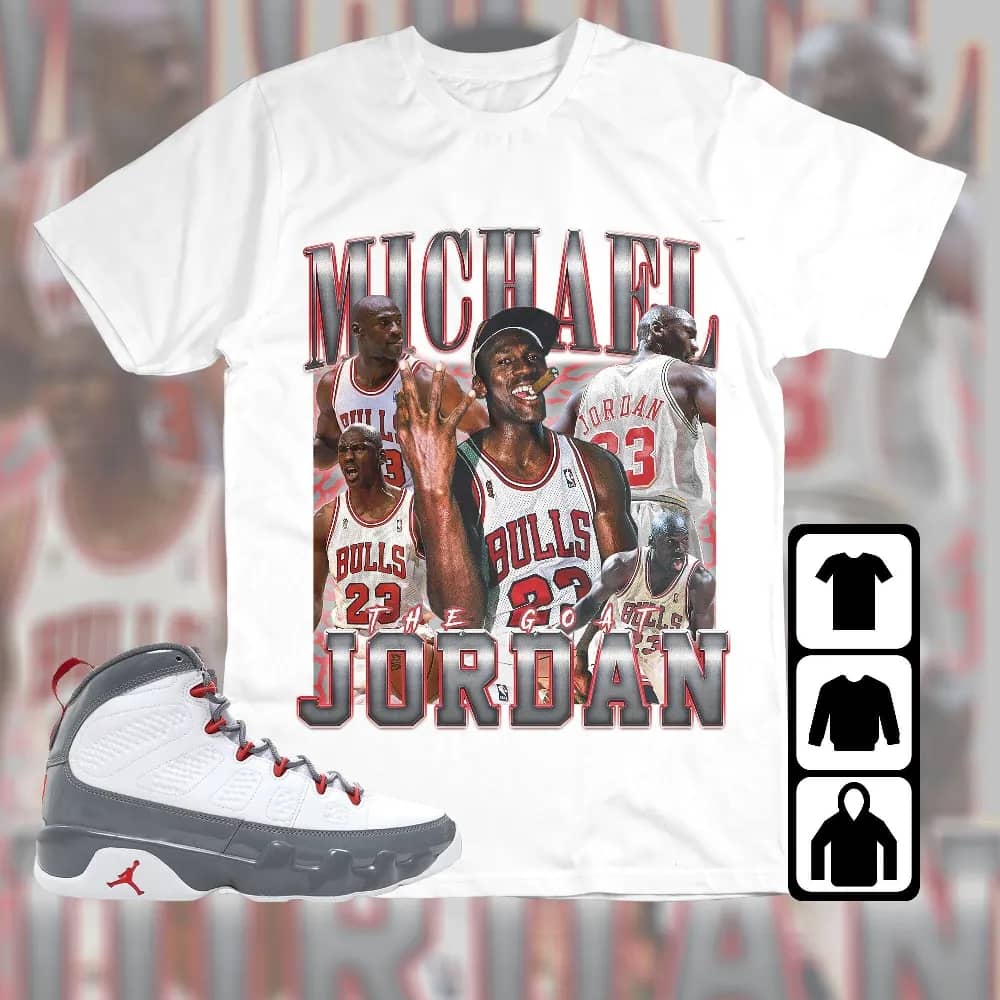 Inktee Store - Jordan 9 Retro Fire Red Unisex T-Shirt - The Goat Mj - Vintage Sneaker Match Tees Image