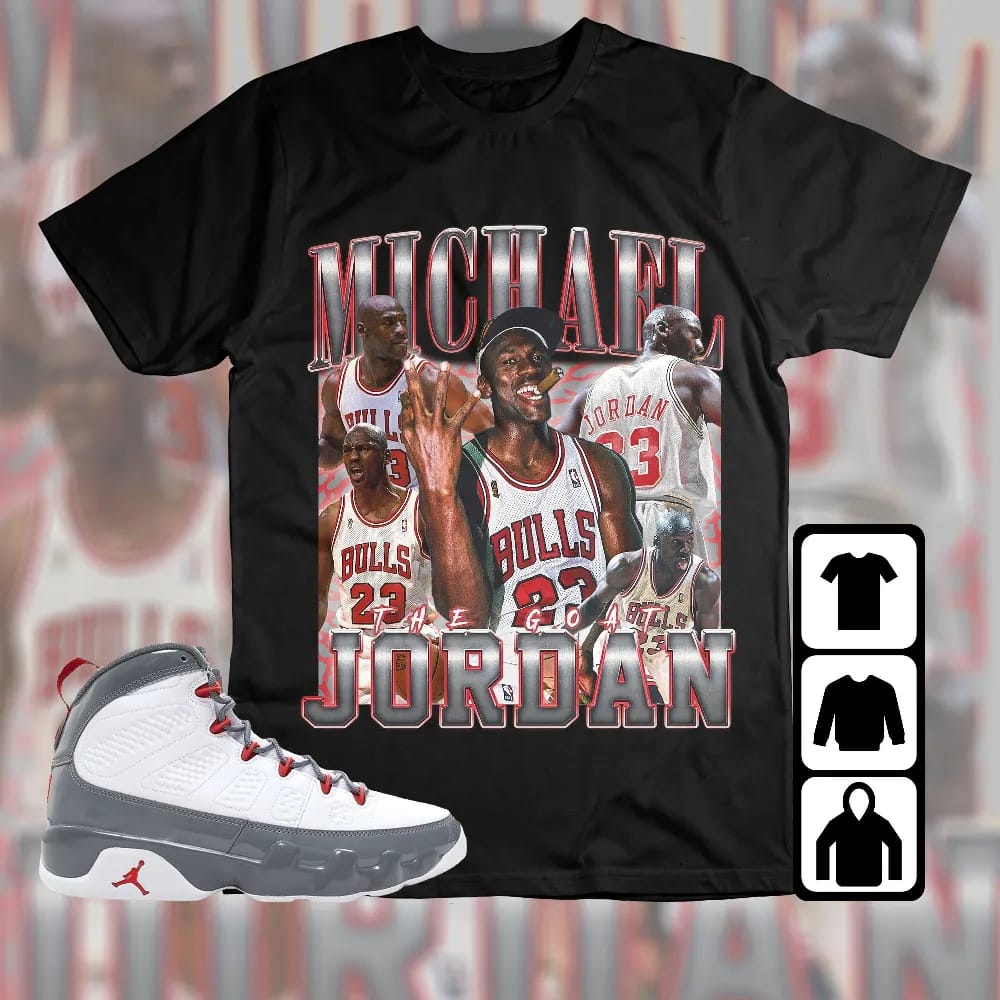Inktee Store - Jordan 9 Retro Fire Red Unisex T-Shirt - The Goat Mj - Vintage Sneaker Match Tees Image