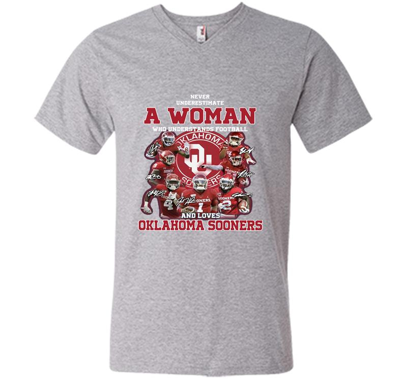 Inktee Store - A Woman Who Understands Football And Loves Oklahoma Sooners Signature V-Neck T-Shirt Image