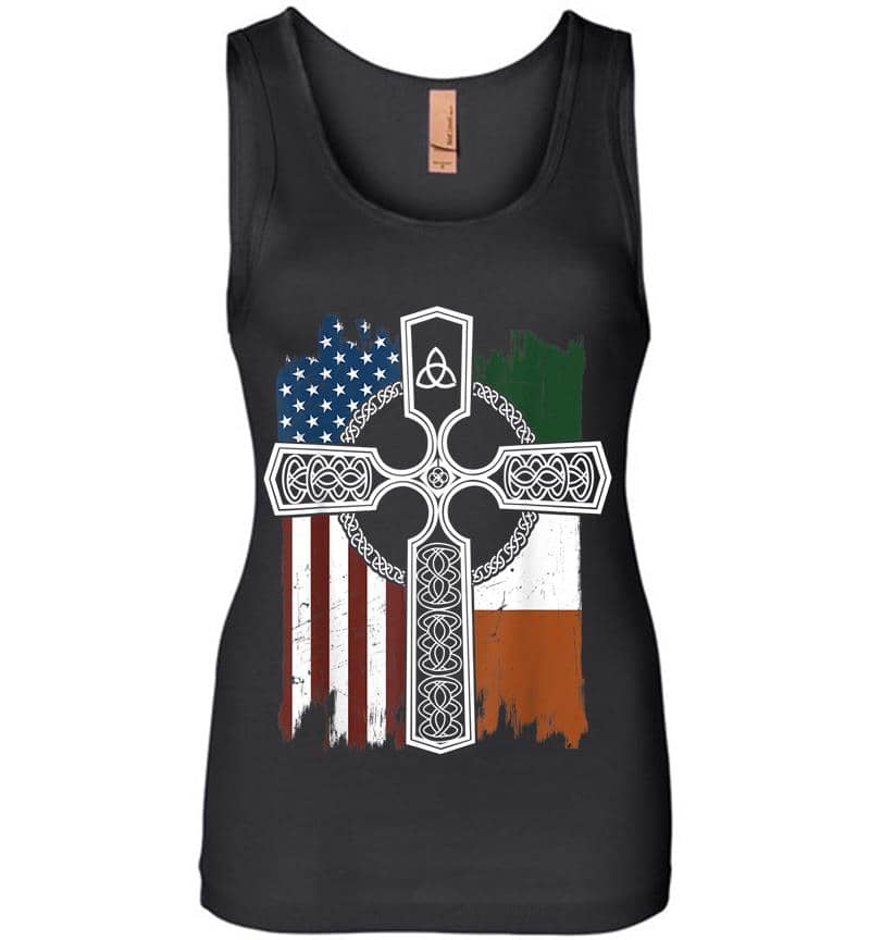 American Irish Flag With Celtic Cross St Patricks Womens Jersey Tank Top
