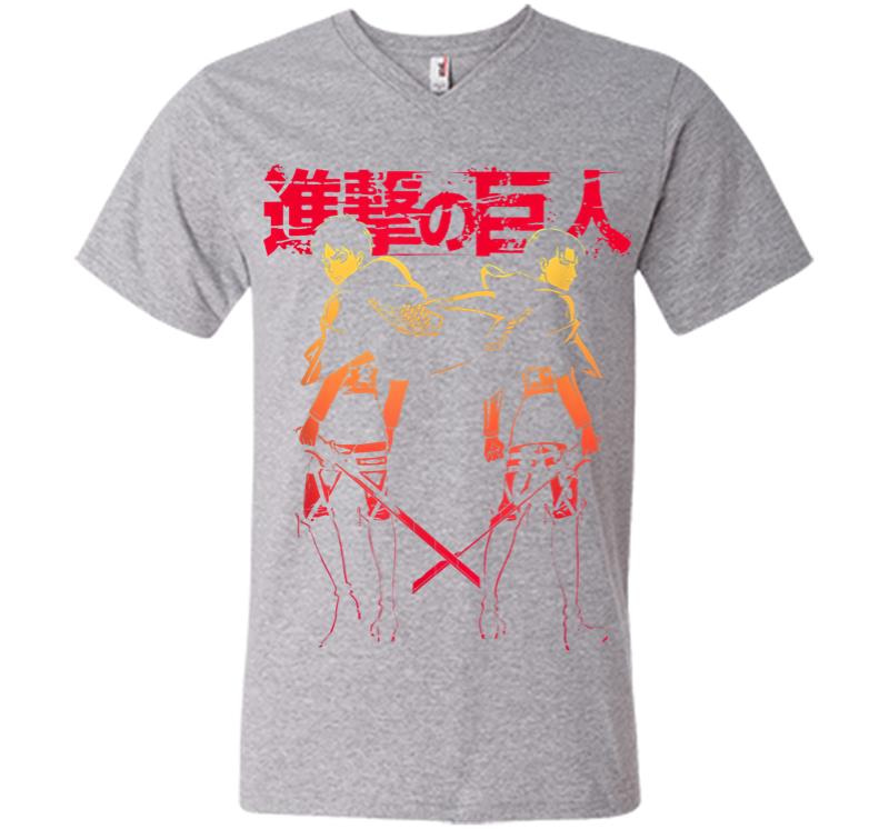 Inktee Store - Attack On Titan Levi Eren Gradient With Japanese Logo V-Neck T-Shirt Image