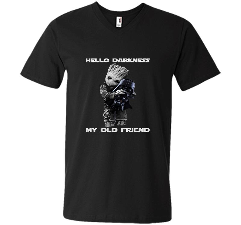 Baby Groot Hugs Darth Vader Hello Darkness My Old Friend V-Neck T-Shirt