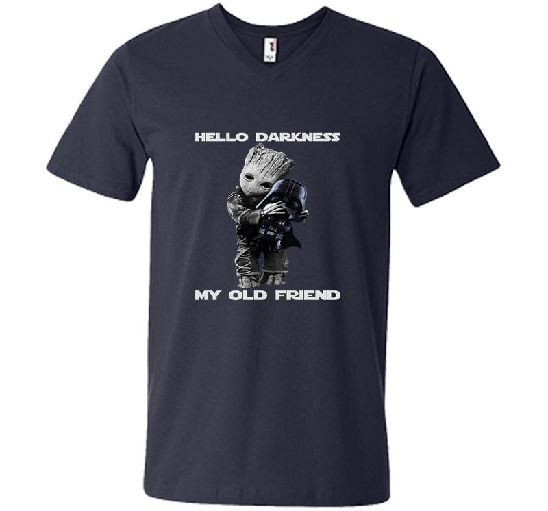 Inktee Store - Baby Groot Hugs Darth Vader Hello Darkness My Old Friend V-Neck T-Shirt Image