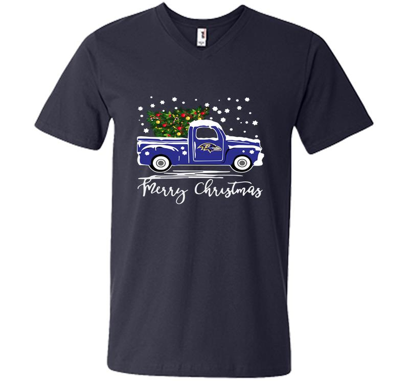 Inktee Store - Baltimore Ravens Truck Merry Christmas Tree V-Neck T-Shirt Image