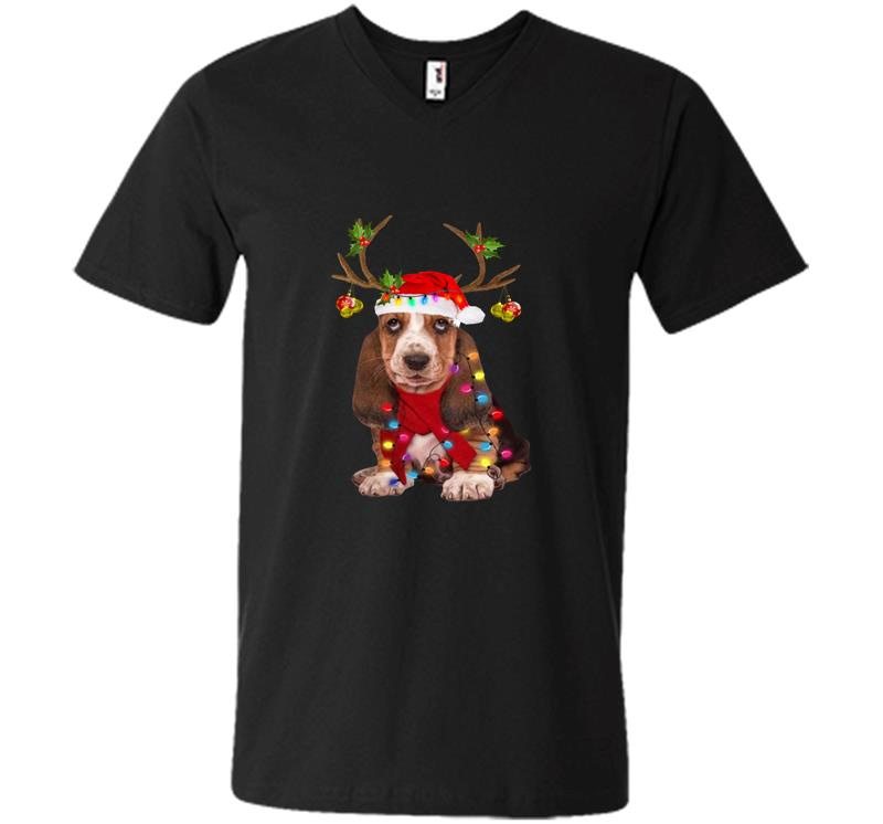 Basset Hound Reindeer Santa Christmas V-Neck T-Shirt