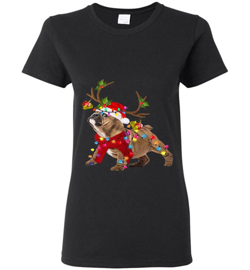 Bulldog Reindeer Santa Christmas Womens T-Shirt