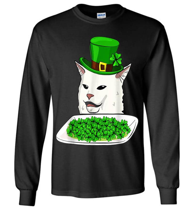 Cat Meme Yelling St Patricks Day Irish Cat Lovers Long Sleeve T-Shirt