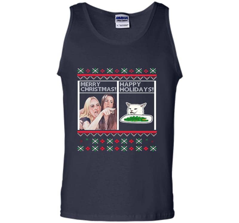 Inktee Store - Christmas Happy Holidays Woman Yelling At A Cat Meme Mens Tank Top Image