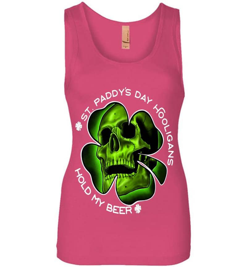 Inktee Store - Clover Skull Hooligans Irish St. Patricks Day Hold My Beer Premium Womens Jersey Tank Top Image