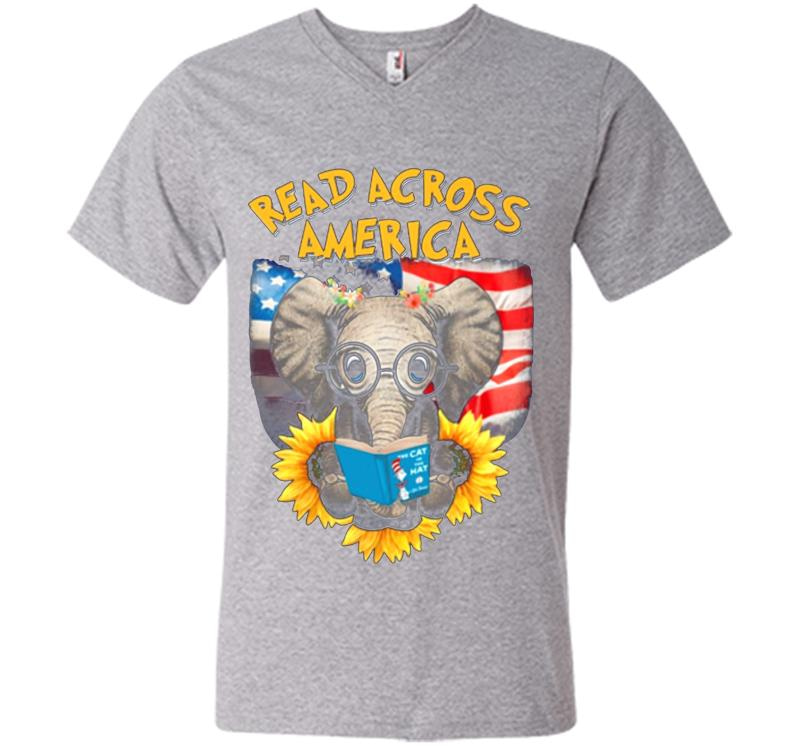 Inktee Store - Elephant Sitting On Sunflower Read Across America V-Neck T-Shirt Image