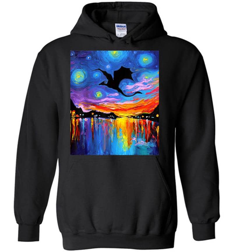Flying Dragon Silhouette Sunset Starry Night Fantasy Art Hoodies