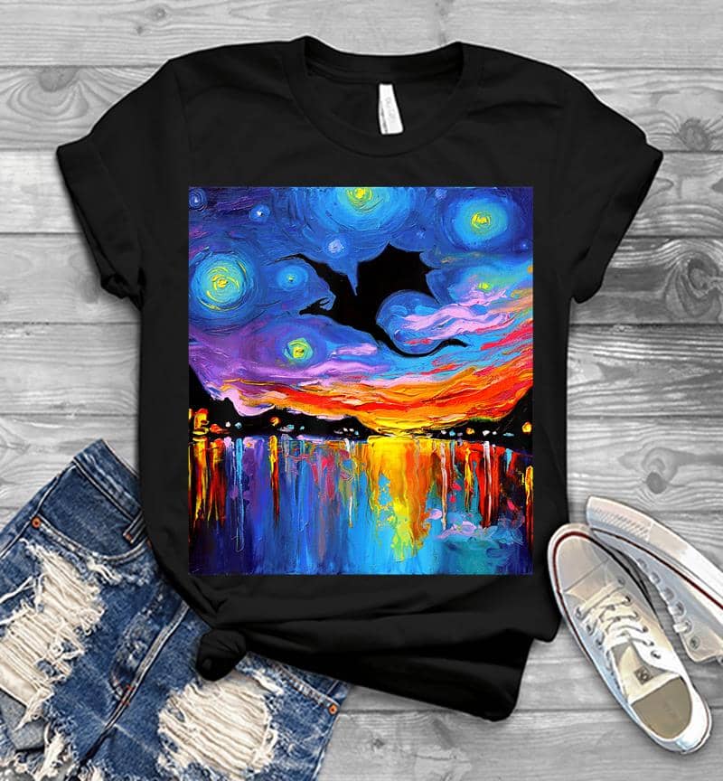 Flying Dragon Silhouette Sunset Starry Night Fantasy Art Mens T-Shirt