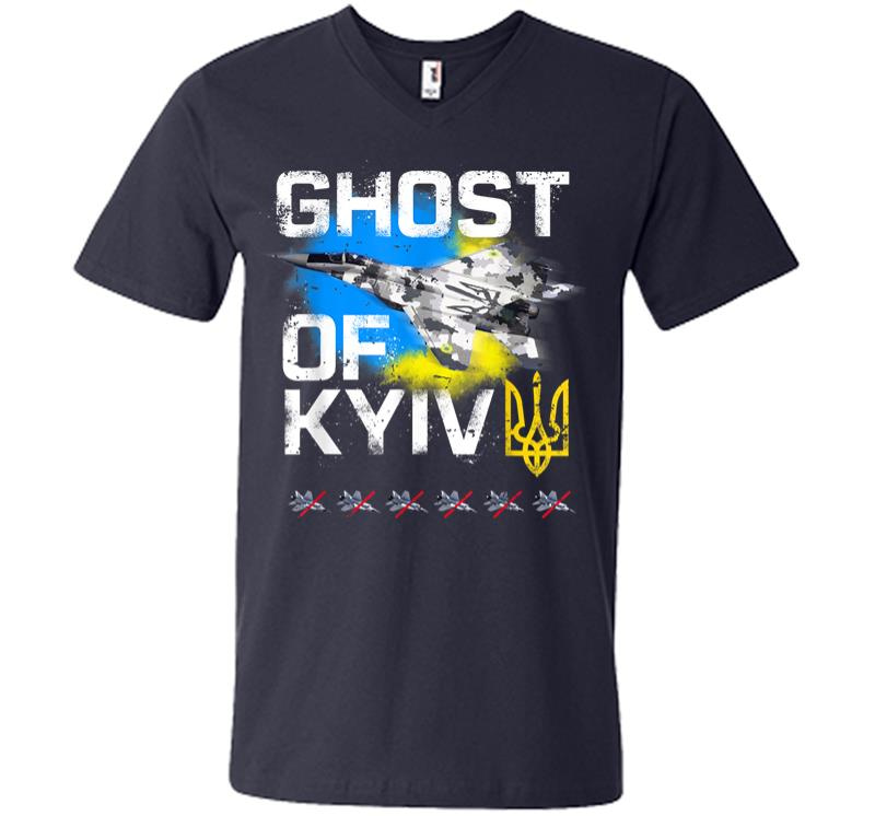 Inktee Store - Ghost Of Kyiv Ukraine Fighter Jet V-Neck T-Shirt Image