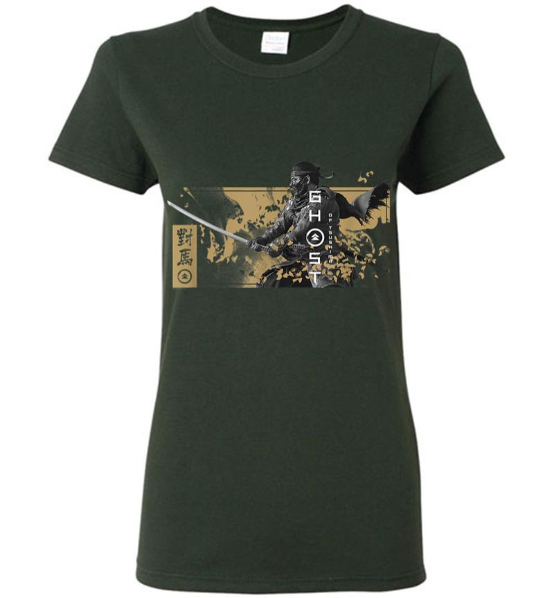 Inktee Store - Ghost Of Tsushima Katana With Falling Leaves Women T-Shirt Image