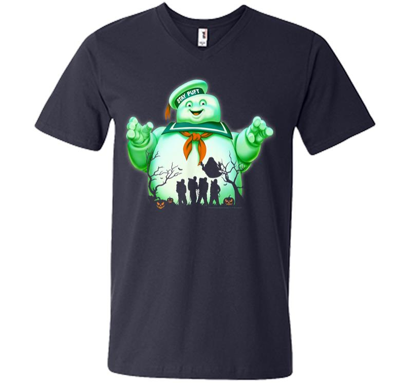 Inktee Store - Ghostbusters Marshmallow Man Group Shot Silhouette V-Neck T-Shirt Image